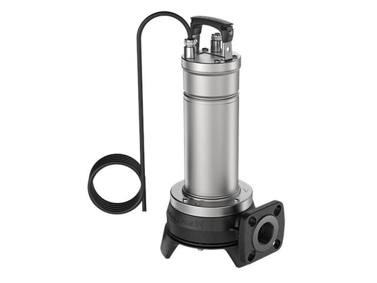 A single-stage submersible wastewater grinder pump with a flexible cable and a metallic finish.