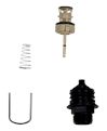 Mechanical parts including a black valve and metal components on a white background