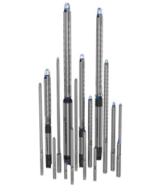 A group of stainless steel submersible bore pumps with blue and black components.