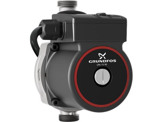 A black Grundfos domestic high-efficiency in-line pump booster