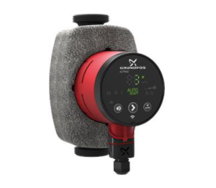 A red and black Grundfos ALPHA2 N circulator pump with a digital display showing temperature and flow settings.