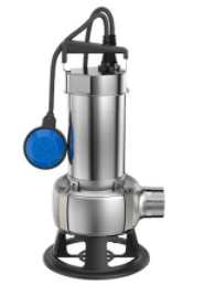 Stainless-steel submersible wastewater pump with a gray body and blue details, including a flow rate meter.