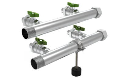 Two booster sets for commercial and domestic water pressure boosting, consisting of metal tubes with valves and supporting components.