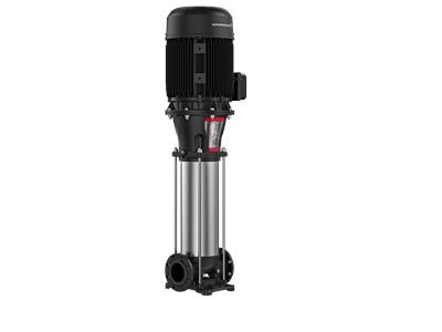 A vertical, multi-stage centrifugal pump with a black and silver color scheme, featuring a base made of cast iron and a pump head designed for water distribution.