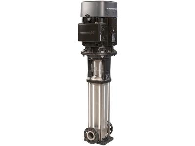 A vertical, multistage centrifugal pump primarily in gray and black color, made of high-grade stainless steel.