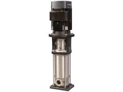 Vertical multistage centrifugal pump with integrated frequency converter, made of stainless steel.