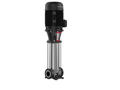 Vertical multistage centrifugal pump with integrated frequency converter, made of stainless steel.