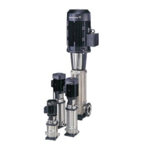 Vertical multistage centrifugal pump with integrated frequency converter, made of stainless steel.