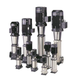 A set of vertical multi-stage centrifugal pumps with integrated frequency converters, featuring cast iron pump heads and stainless steel wetted parts.