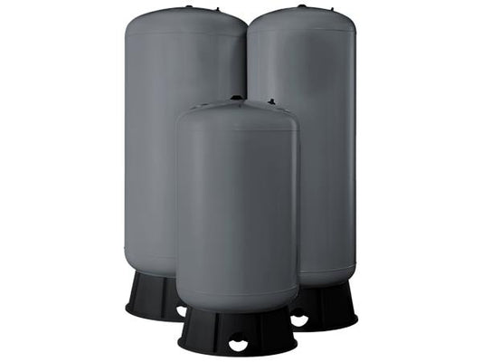 Three gray carbon steel pressure tanks with double diaphragm for drinking water storage.