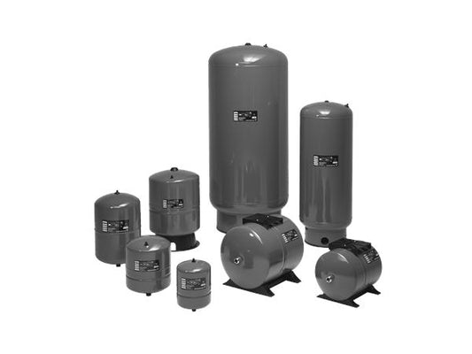 A set of gray metal pressure tanks with different sizes, featuring a single diaphragm design.