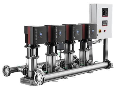 A set of industrial water pumps connected to a central control system, designed for applications such as pressure boosting and water distribution.