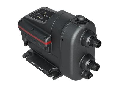 A black Scala pressure booster pump for household use with multiple connection points.
