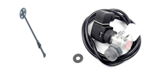 A set of accessories for dosing tanks, including a black hose, a metal rod, and a mechanical pump.