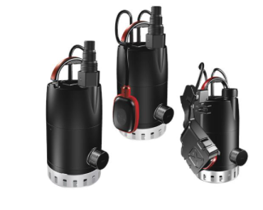 Three black submersible pumps with cables, designed for water treatment and commercial building applications.