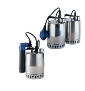 A set of three stainless steel submersible pumps with blue cables.